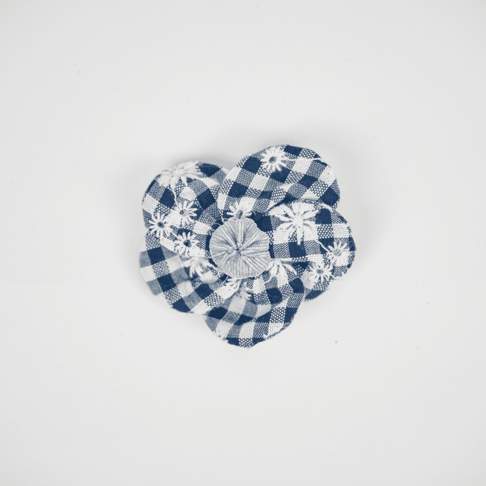 Flower petal hair slide small  navy embroidered gingham