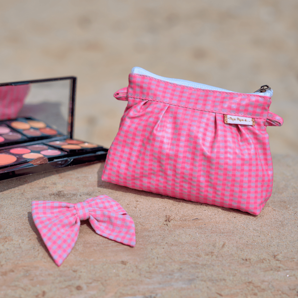 Mini Pleated clutch bag neon pink gingham