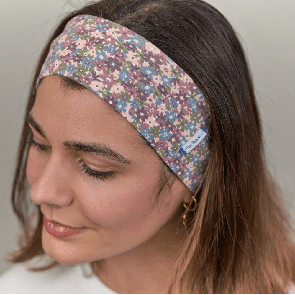 Stretch jersey headband  plum blue flowers