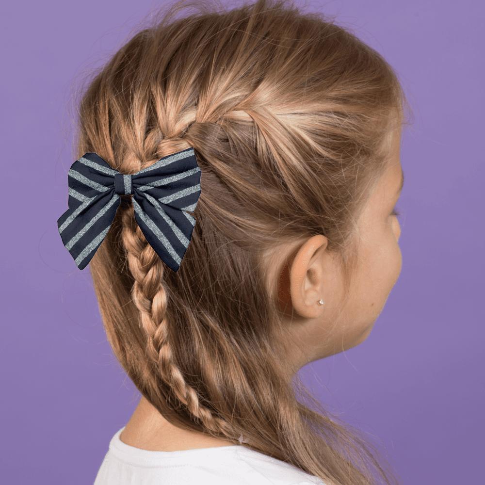 Bow tie hair slide striped silver dark blue