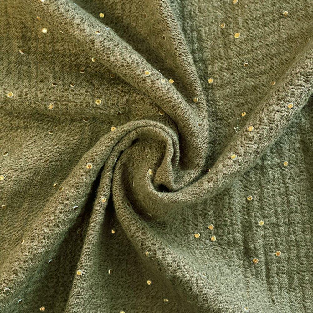 Coupon tissu 50 cm gaze pois or kaki