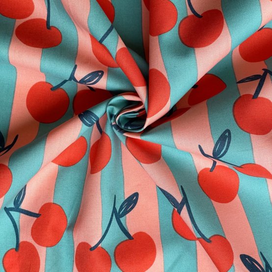 Cotton fabric ex2644 orange blue striped cherries