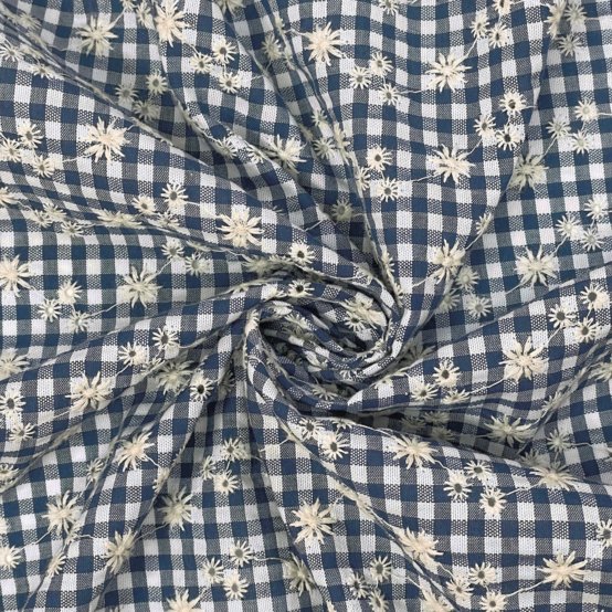 Cotton fabric navy embroidered gingham