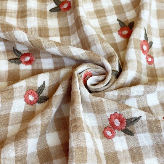 Cotton double gauze fabric ex2624 natural floral embroidered gingham