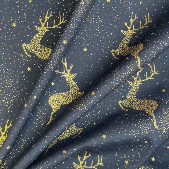 Cotton fabric ex2555 christmas starry reindeer gold navy