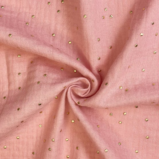 Cotton Fabric gaze pois or rose thé