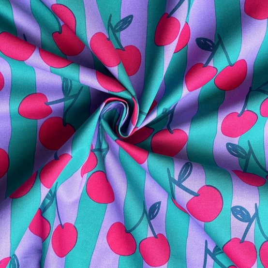 Cotton fabric ex2643 turquoise lilac striped cherries
