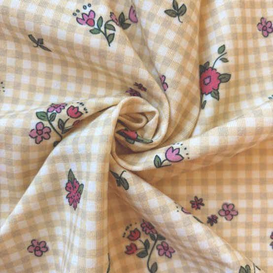 Jersey fabric natural floral gingham