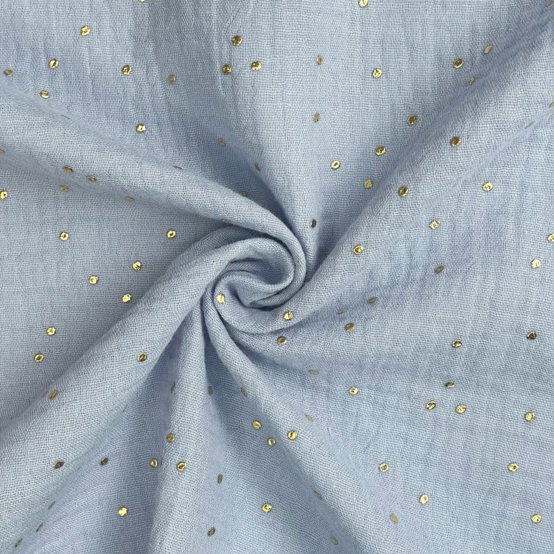 Cotton Fabric gaze pois or bleu baltique
