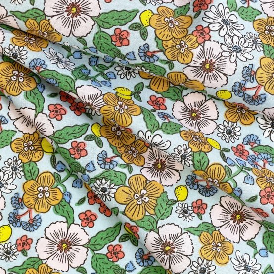 Cotton fabric ex2525 yellow green flowers and lemons