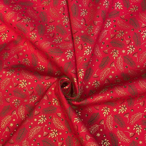 Cotton fabric ex2557 christmas mini holly foliage red gold