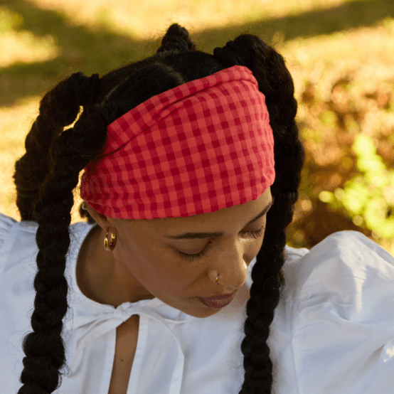 Headscarf headband- Adult size coral red gingham