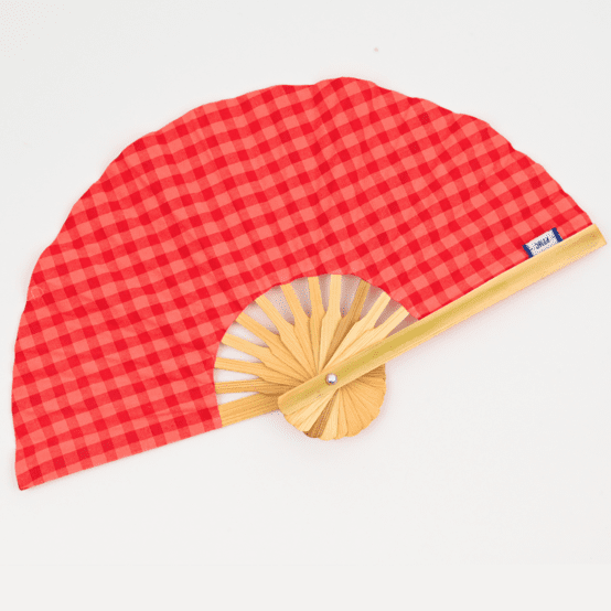 Hand-held fan coral red gingham