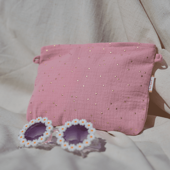 Coton clutch bag gaze pois or rose thé
