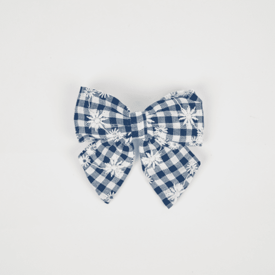 Bow tie hair slide navy embroidered gingham