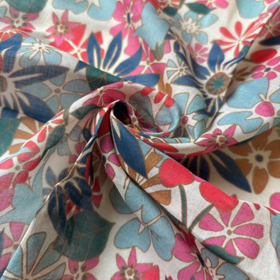 Cotton veil fabric cerise en fleur
