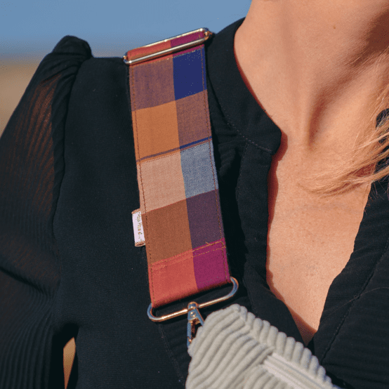 Wide shoulder strap ruby lurex tartan