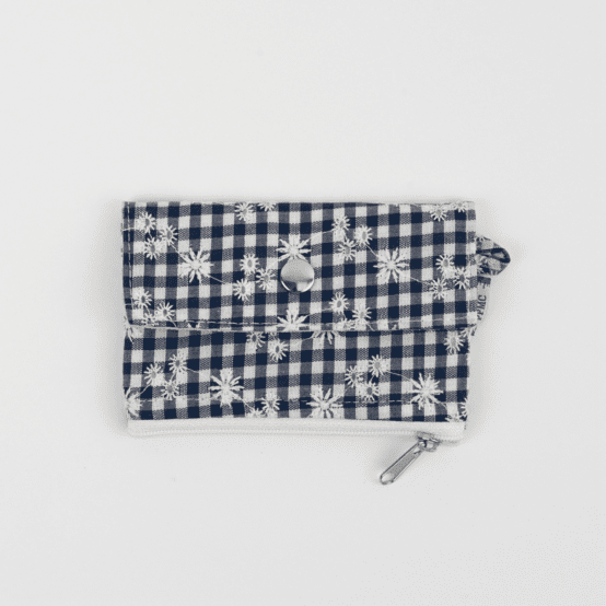 Mini coin purse pouch navy embroidered gingham