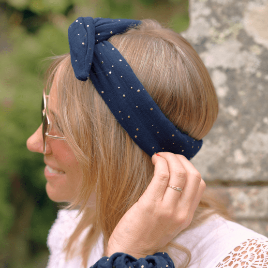 Wire headband retro gaze pois or marine