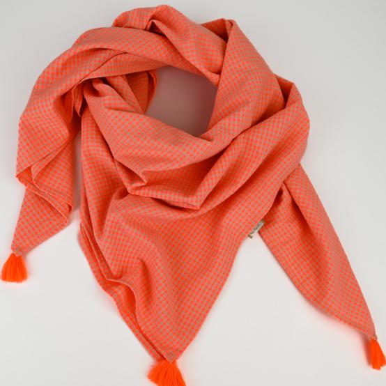 Pom pom scarf neon orange gingham