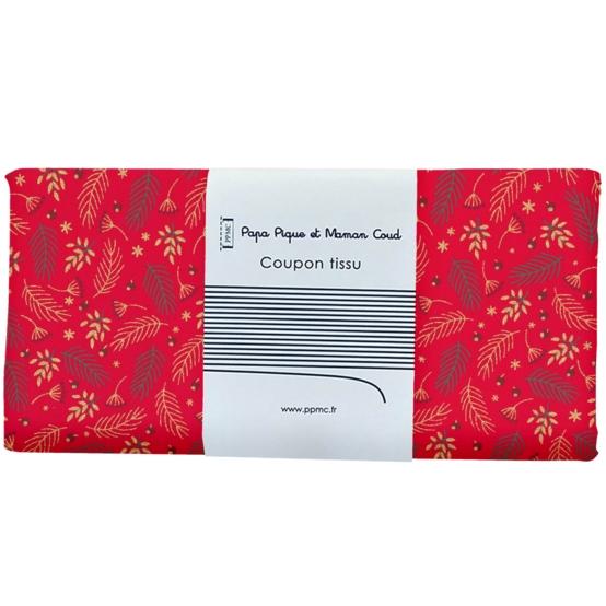 1 m fabric coupon ex2557 christmas mini holly foliage red gold