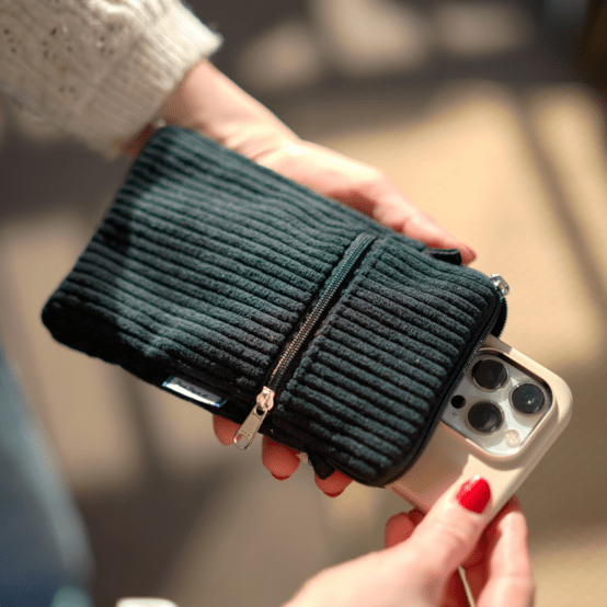 Quilted phone pocket black large corduroy