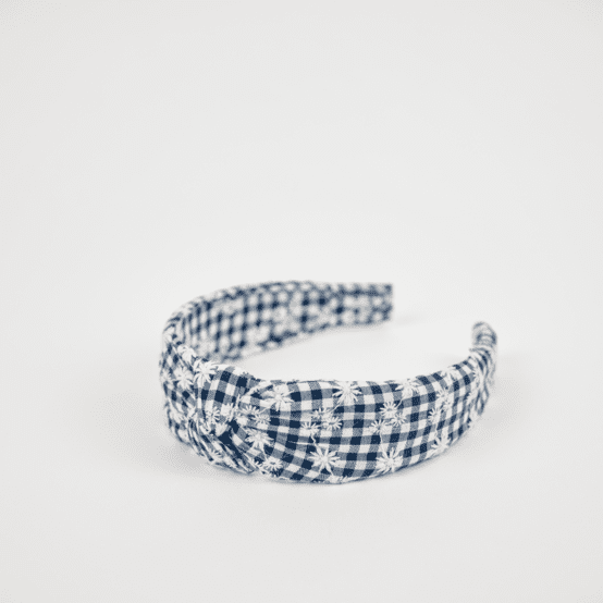 Large Crossed Headband navy embroidered gingham