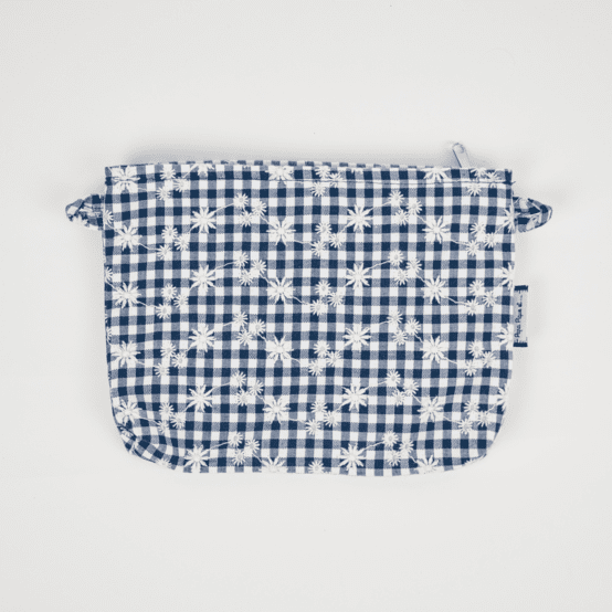 Tiny coton clutch bag navy embroidered gingham