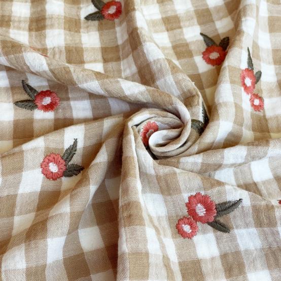 Cotton double gauze fabric ex2624 natural floral embroidered gingham