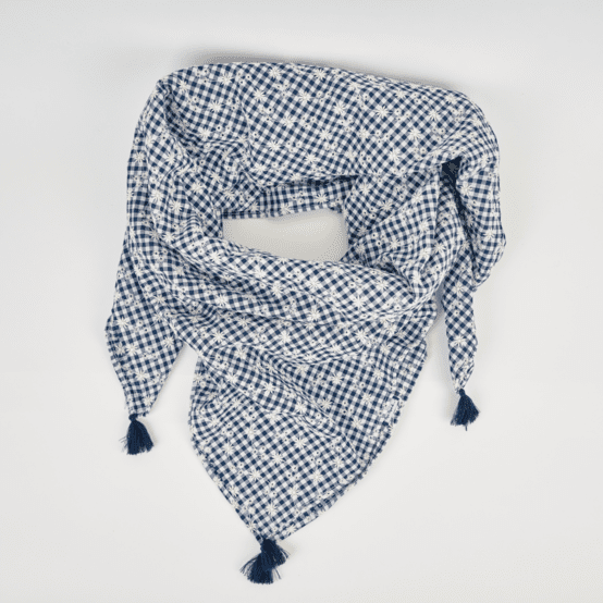 Pom pom scarf navy embroidered gingham