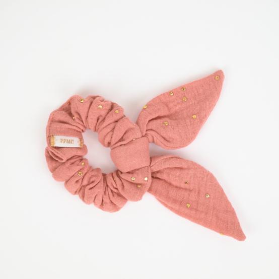 Bunny ear Scrunchie gaze pois or rose thé