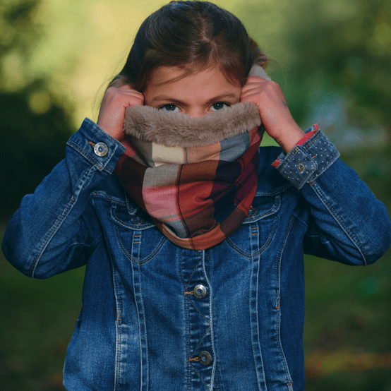 Children fur scarf snood ruby lurex tartan