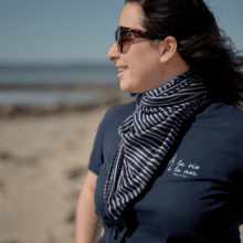 Pom pom scarf striped  ivory navy