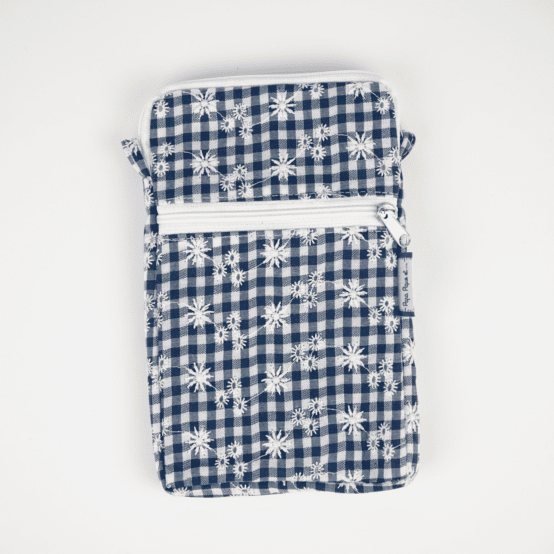 Quilted phone pocket navy embroidered gingham