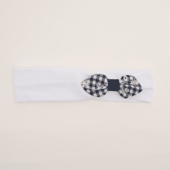 Jersey knit baby headband navy embroidered gingham