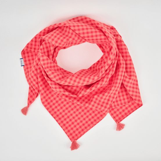 Pom pom scarf coral red gingham