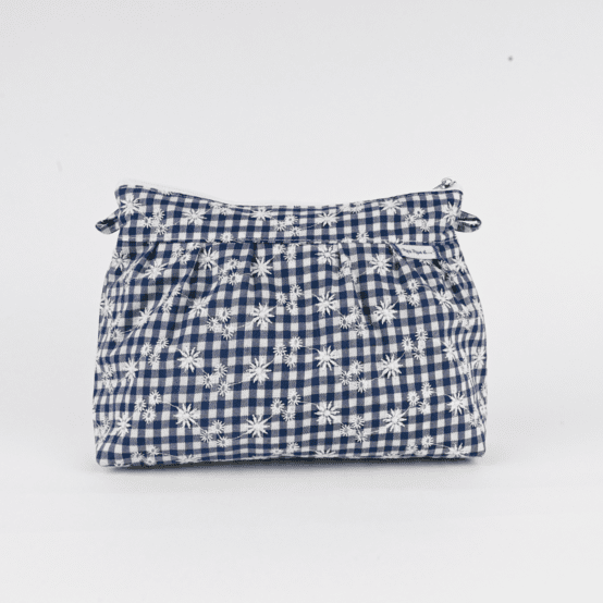 Pleated clutch bag navy embroidered gingham