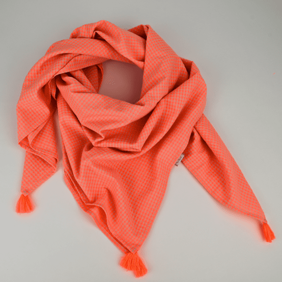 Pom pom scarf neon orange gingham