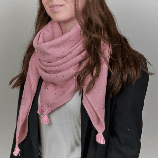 Pom pom scarf gaze pois or rose thé