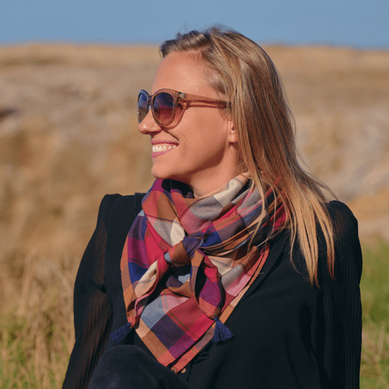 Pom pom scarf ruby lurex tartan