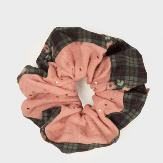 Large Two-Tone Scrunchie tartan fleuri - pink gauze