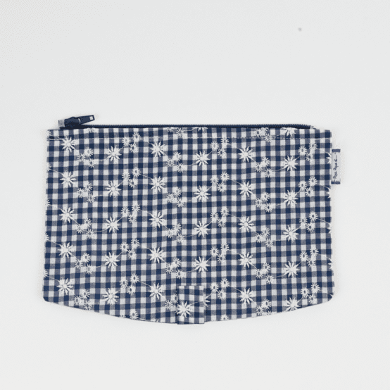 Flap of shoulder bag navy embroidered gingham