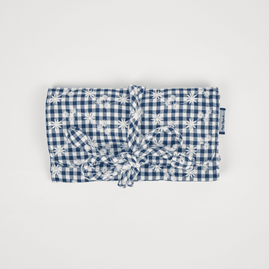 Jewelry pouch navy embroidered gingham