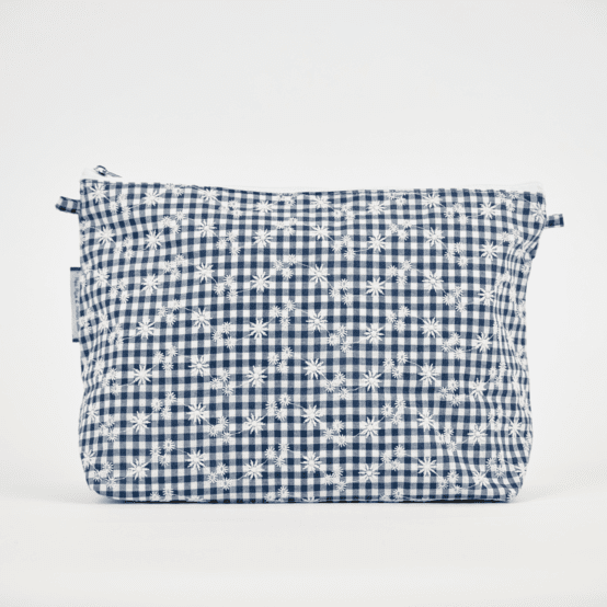 Cosmetic bag with flap navy embroidered gingham