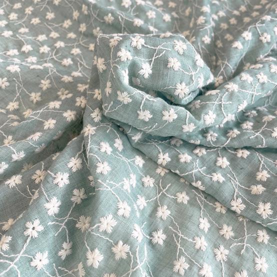 Cotton fabric ex2500 light green flower embroidery
