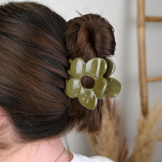 Large Flower Hair Clip lacquered khaki
