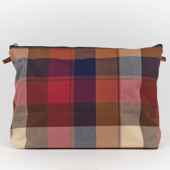 Cosmetic bag with flap ruby lurex tartan