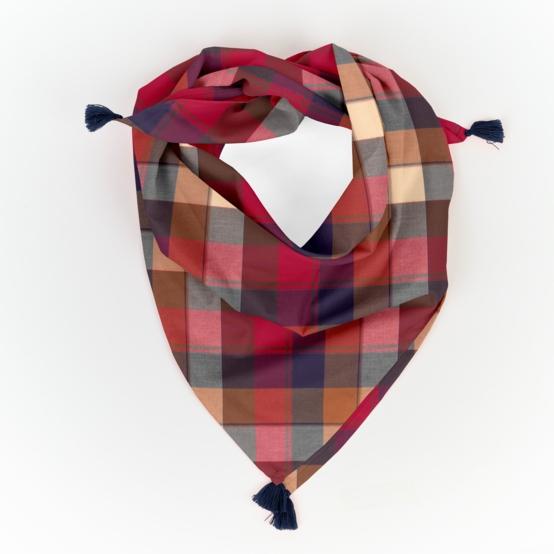 Small pom pom scarf ruby lurex tartan