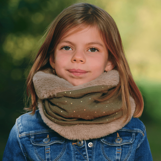 Children fur scarf snood gaze pois or kaki