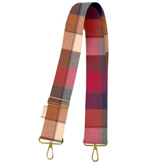 Wide shoulder strap ruby lurex tartan